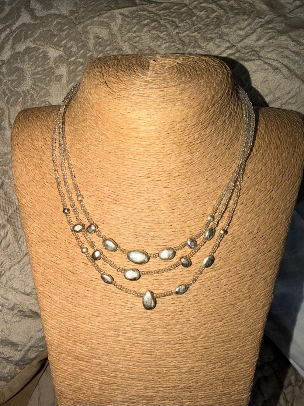 Artisan Silver-Tone three Strand seed Beaded Necklace light weight adjustable